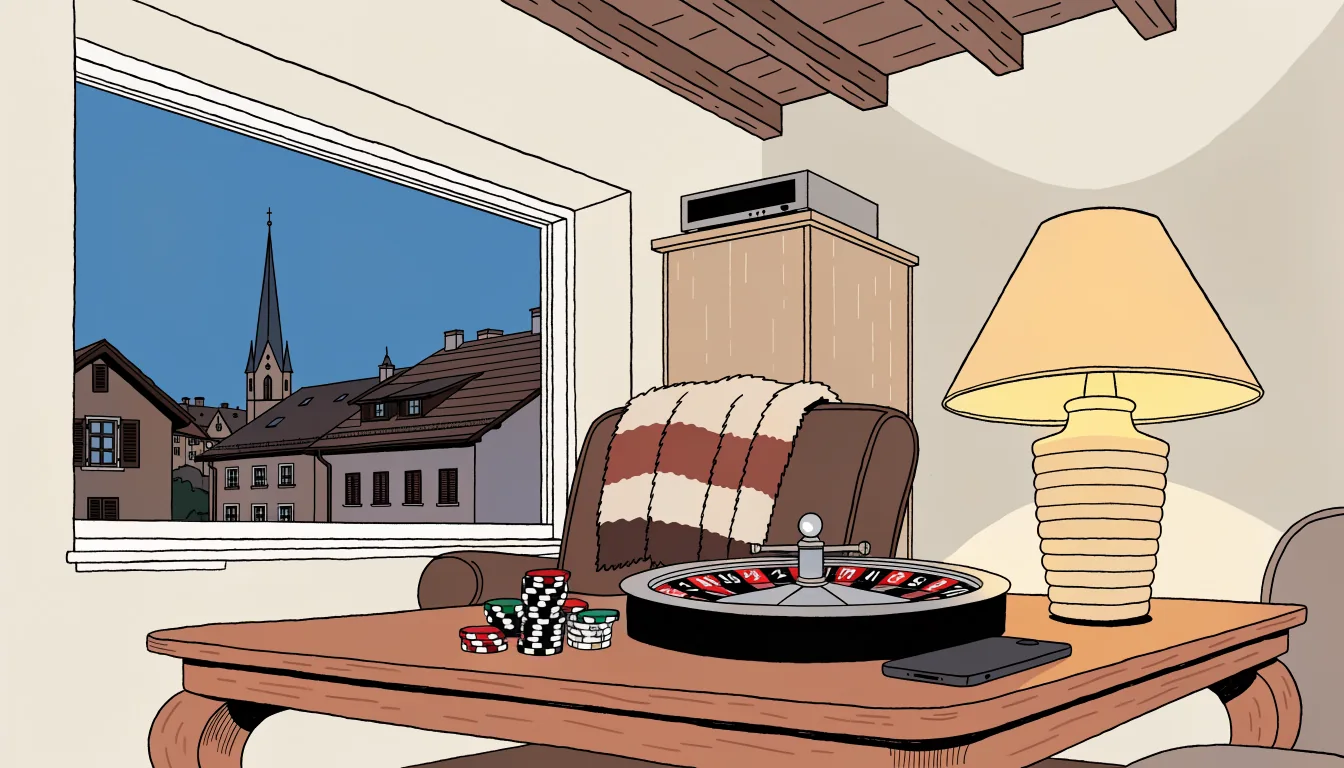 Abendliche Szene in österreichischem Wohnzimmer mit Spielchips und Roulette auf dem Tisch.