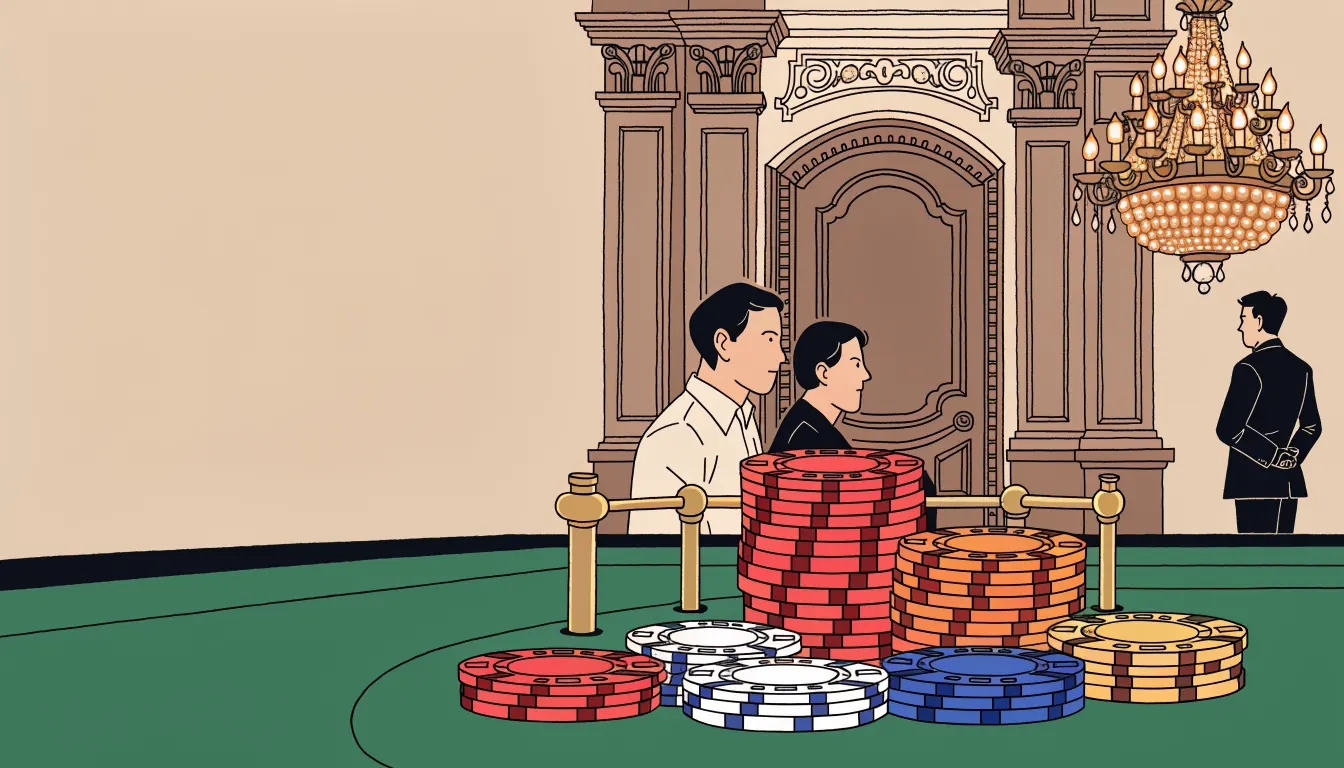 Casino-Chips auf einem Spieltisch in einem eleganten österreichischen Casino-Saal
