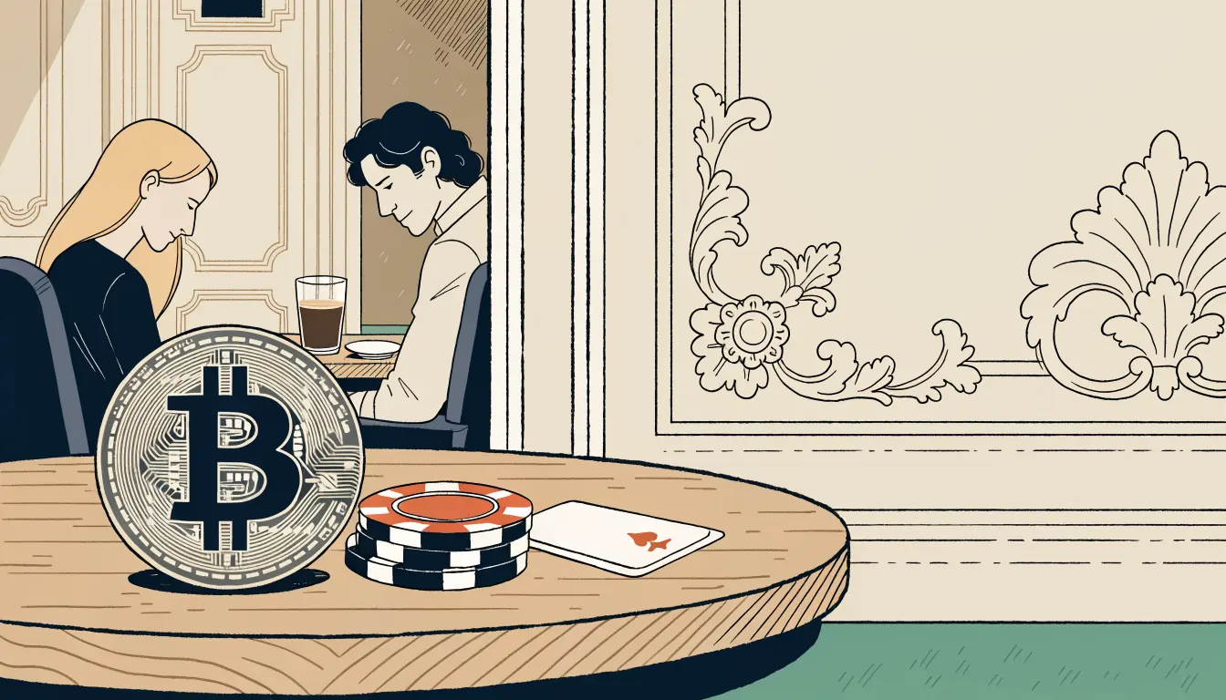 Bitcoin-Münze auf Casino-Filz in Wiener Kaffeehaus-Ambiente