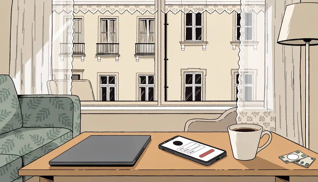 Wiener Wohnzimmer mit Laptop, Smartphone und Euro-Scheinen auf dem Tisch