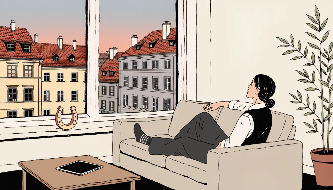 Gemütliche Wiener Wohnung mit traditioneller Architektur und entspannter Person auf dem Sofa.