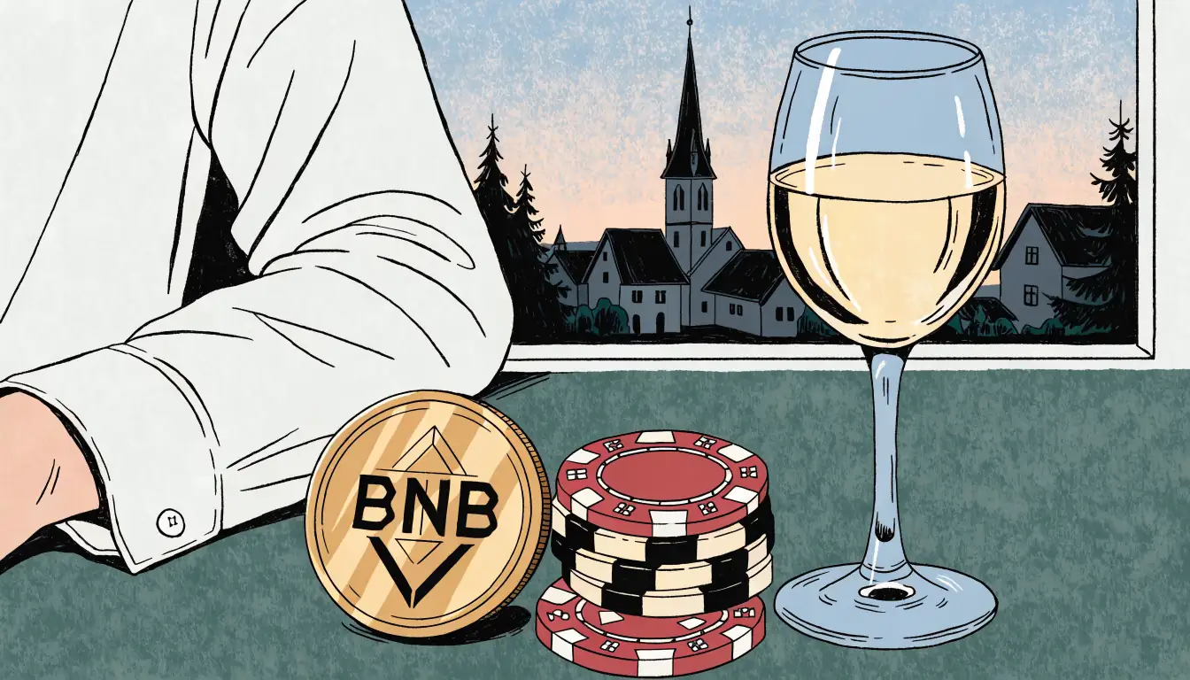 BNB-Münze auf Spieltisch mit Chips und österreichischem Alpenpanorama.