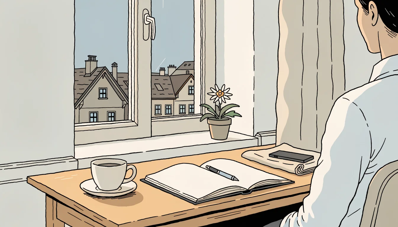 Heller Schreibtisch mit offenem Notizbuch, Stift, Kaffeetasse und Smartphone am Fenster